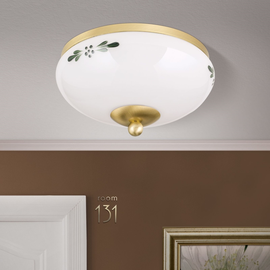 Loftlampe LANDHAUS 1xE27/60W/230V Ø 21 cm messing/hvid/grøn