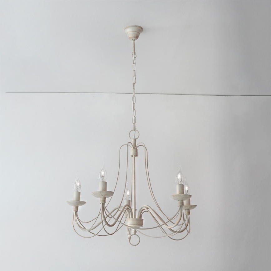 Pendel med kædeophæng VELA 5xE14/40W/230V diameter 60 cm hvid/guldfarvet/patina