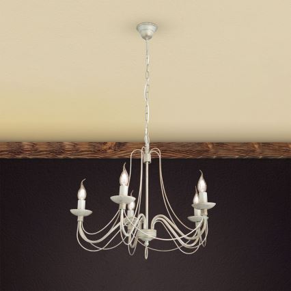 Pendel med kædeophæng VELA 5xE14/40W/230V diameter 60 cm hvid/guldfarvet/patina