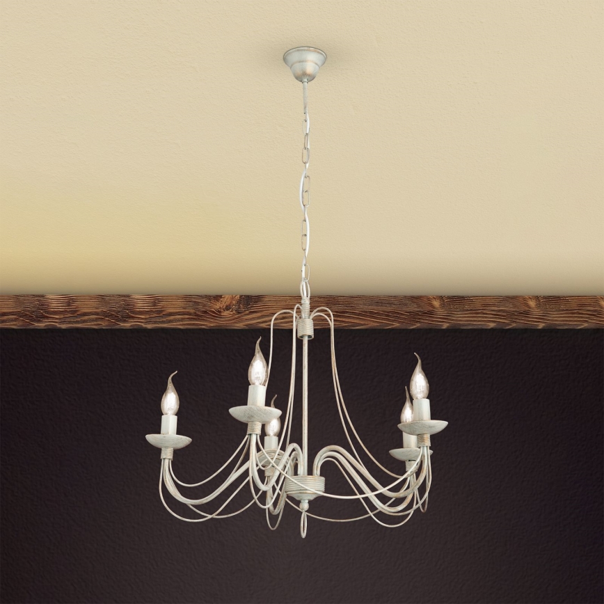 Pendel med kædeophæng VELA 5xE14/40W/230V diameter 60 cm hvid/guldfarvet/patina