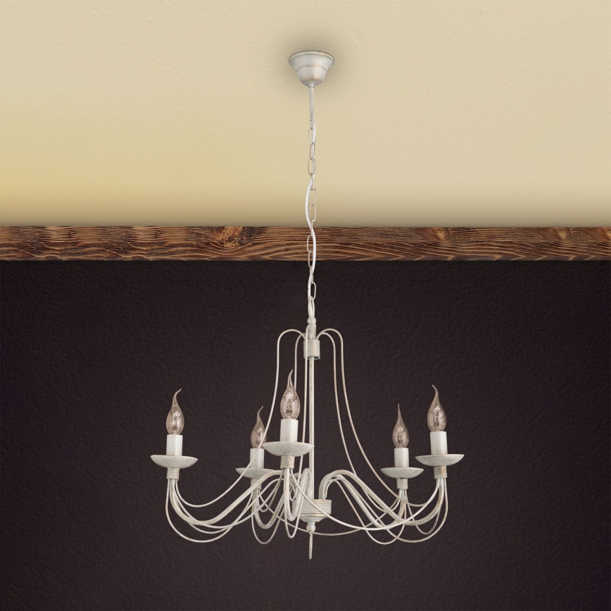 Pendel med kædeophæng VELA 5xE14/40W/230V diameter 60 cm hvid/guldfarvet/patina