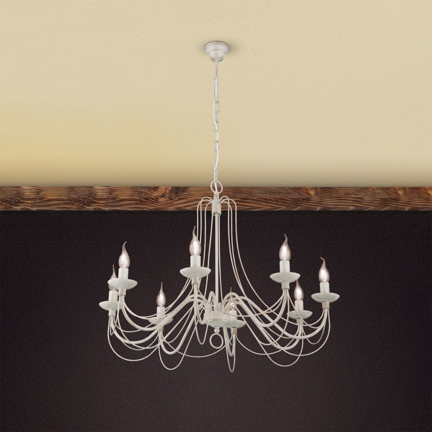 Pendel med kædeophæng VELA 8xE14/40W/230V diameter 80 cm hvid/guldfarvet/patina