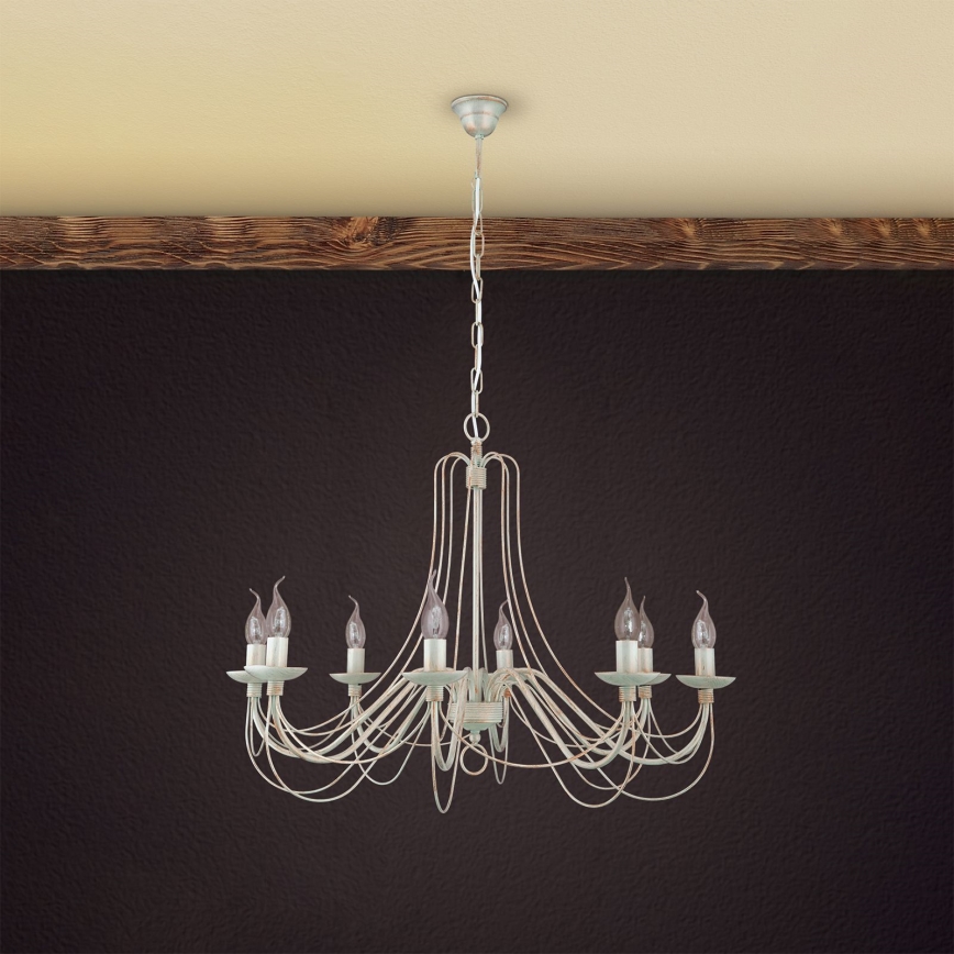 Pendel med kædeophæng VELA 8xE14/40W/230V diameter 80 cm hvid/guldfarvet/patina