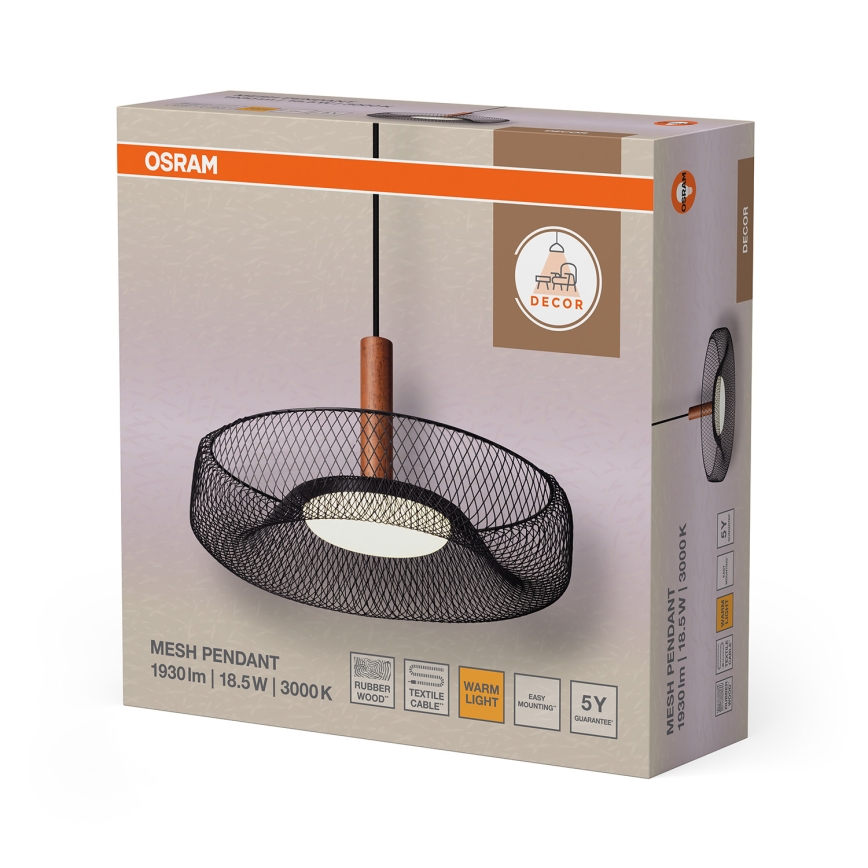 Osram - DECOR MESH LED-pendel på wire, 18,5 W/230 V, Ø 40 cm, sort/gummitræ