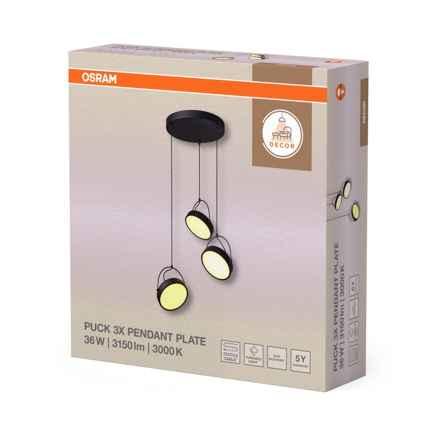 Osram - DECOR PUCK LED-pendel med wireophæng, 3 x LED, 12 W, 230 V, CRI 90, sort