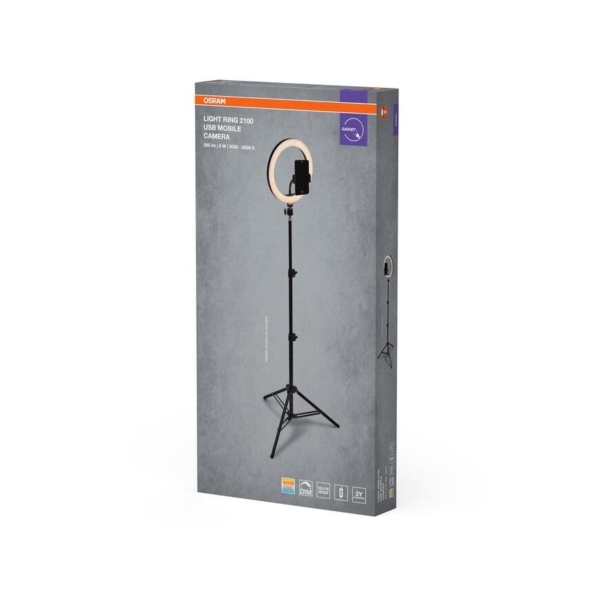 Osram - Dæmpbar LED-lampe med stativ og holder til vlogging, LED/6W/USB, 210 mAh