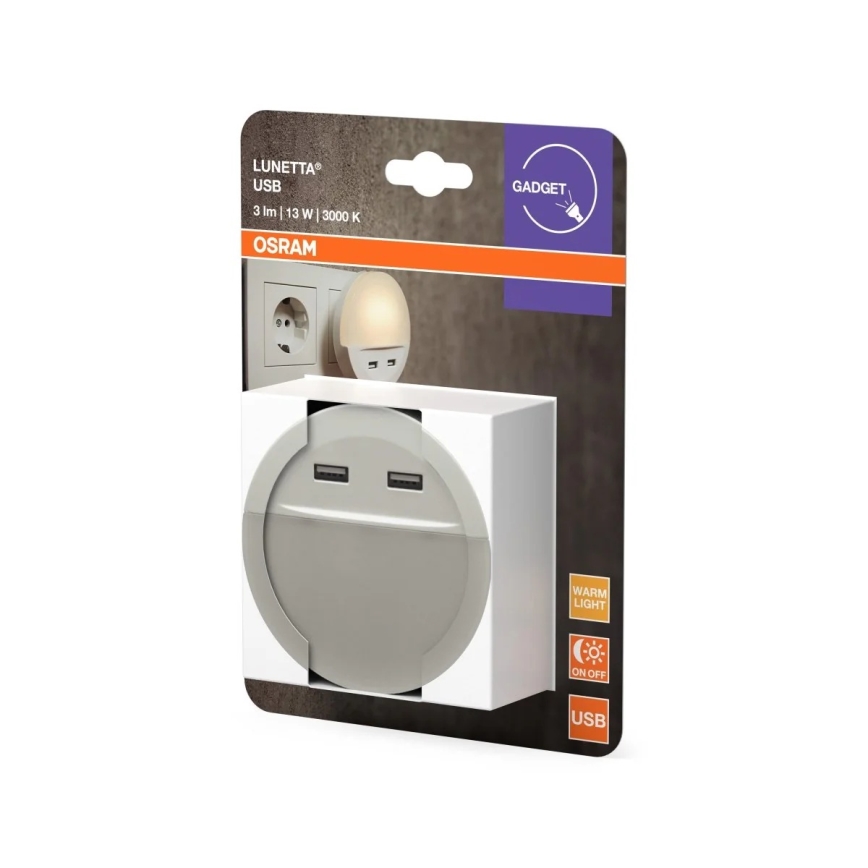 Osram - LED natlampe til stikkontakt med sensor LUNETTA 2xUSB LED/13W/230V