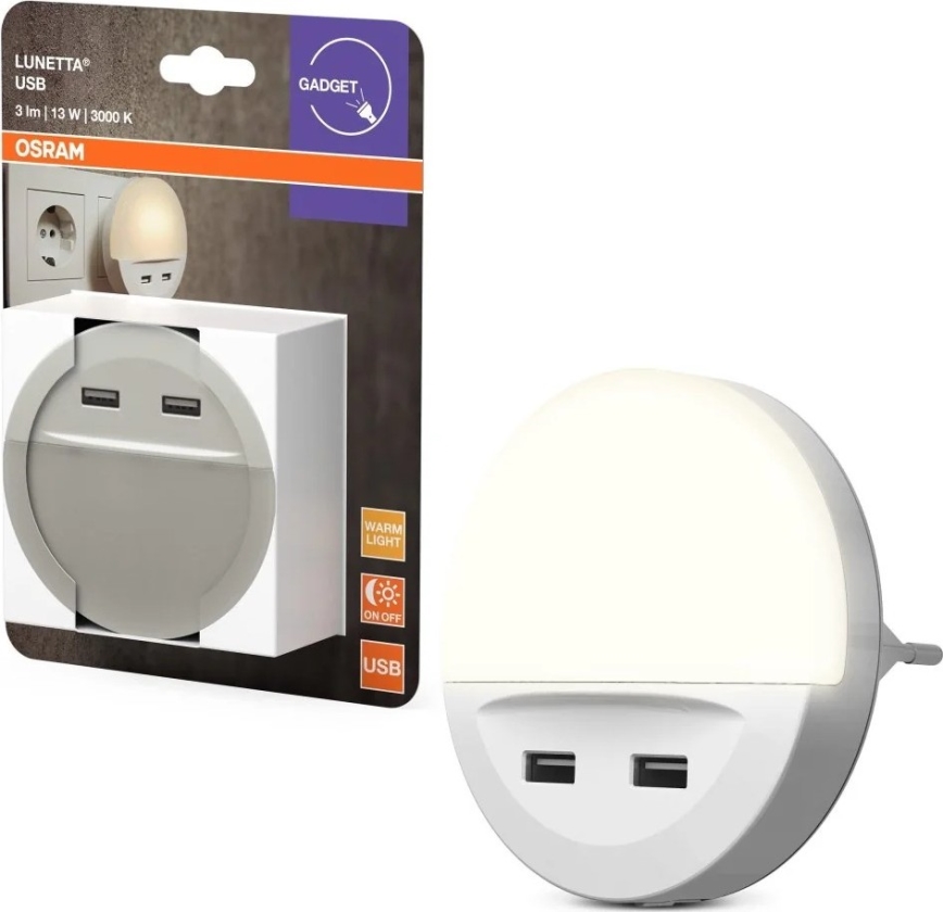 Osram - LED natlampe til stikkontakt med sensor LUNETTA 2xUSB LED/13W/230V