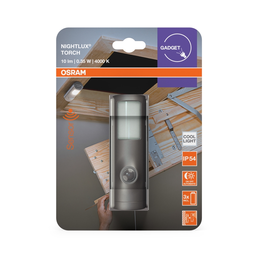 Osram - LED orienteringslampe med sensor NIGHTLUX LED/0,35W/3xAAA IP54 sølv
