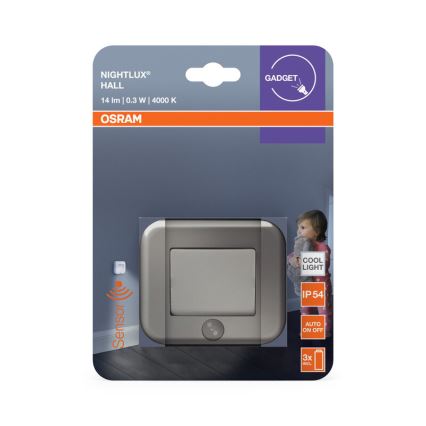 Osram - LED-orienteringslampe med sensor NIGHTLUX LED/0,3W/3xAAA IP54 sølvfarvet
