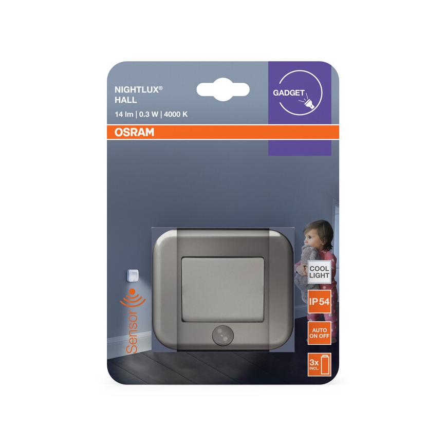 Osram - LED-orienteringslampe med sensor NIGHTLUX LED/0,3W/3xAAA IP54 sølvfarvet