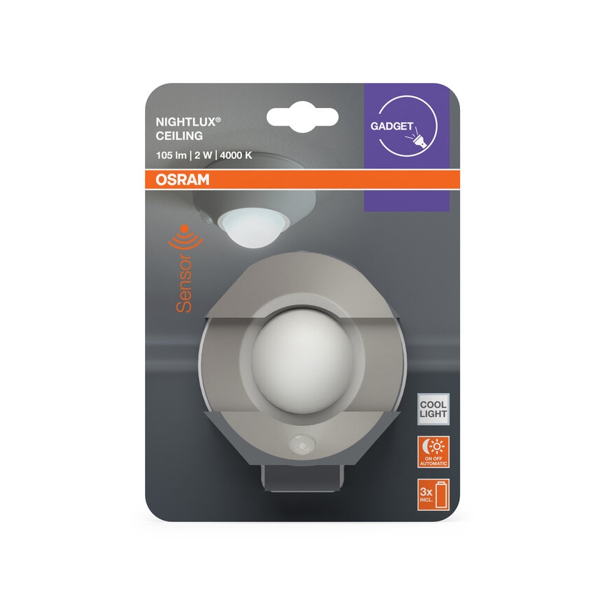 Osram - LED orienteringslampe med sensor NIGHTLUX LED/2W/3xAA, sølv