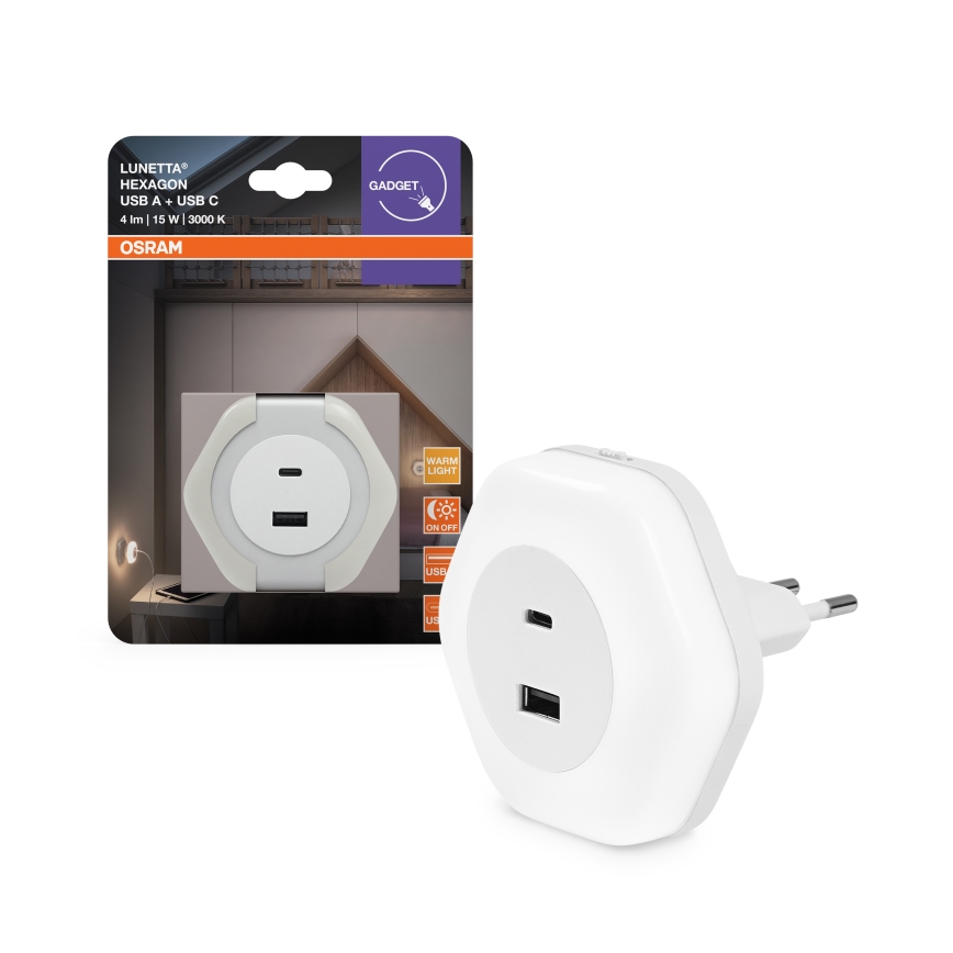 Osram - LED-orienteringslampe til stikkontakt med USB LUNETTA LED/15W/230V hvid