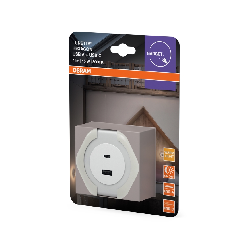 Osram - LED-orienteringslampe til stikkontakt med USB LUNETTA LED/15W/230V hvid