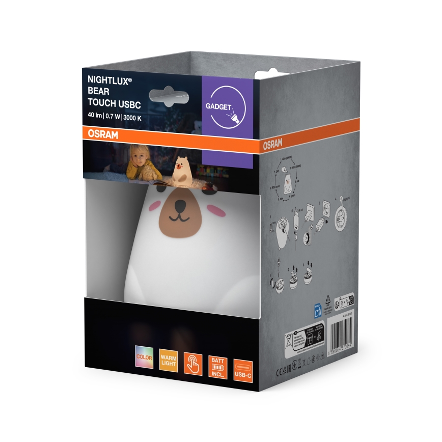 Osram - LED RGBW Dæmpbar børnenatlampe med berøringsfunktion NIGHTLUX BEAR LED/0,7W/3,7V 1200 mAh hvid