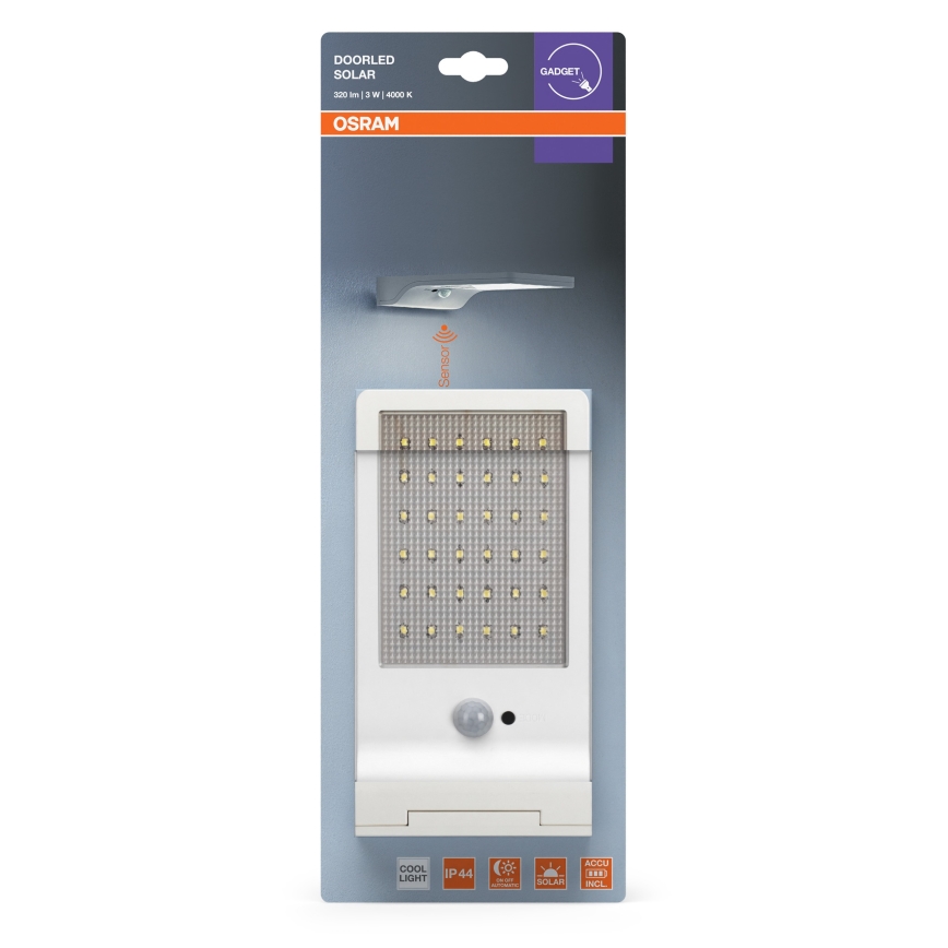 Osram - DOORLED LED solcelle-væglampe med sensor, 3W/3,3V, 2000 mAh, IP44, hvid