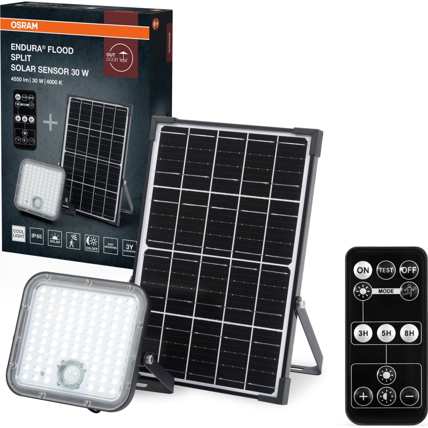 Osram - LED dæmpbar solcelledrevet projektør med sensor ENDURA LED/30W/6,4V 4000K IP65 sort + fjernbetjening