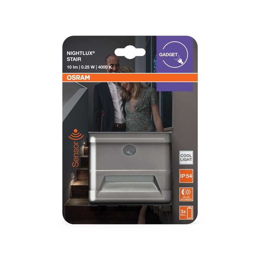 Osram - LED trappearmatur med sensor NIGHTLUX LED/0,25W/3xAAA IP54 sølv