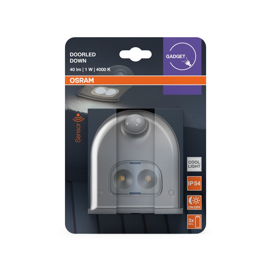 Osram - LED udendørs væglampe med sensor DOORLED LED/0,5W/3xAA IP54 sølvfarvet