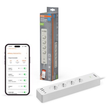 Osram - SMART+ forlængerledning med 4 stikkontakter (type F) + 2x USB-A + 2x USB-C, Wi-Fi