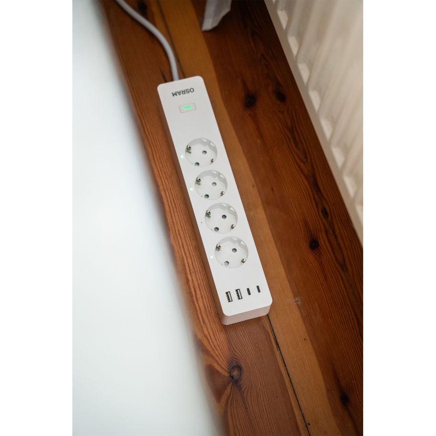 Osram - SMART+ forlængerledning med 4 stikkontakter (type F) + 2x USB-A + 2x USB-C, Wi-Fi