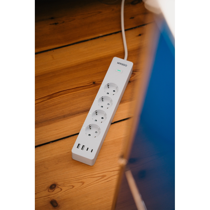 Osram - SMART+ forlængerledning med 4 stikkontakter (type F) + 2x USB-A + 2x USB-C, Wi-Fi