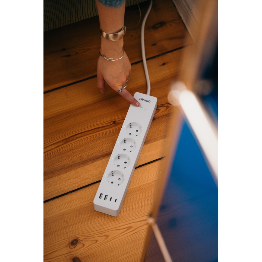 Osram - SMART+ forlængerledning med 4 stikkontakter (type F) + 2x USB-A + 2x USB-C, Wi-Fi