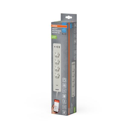 Osram - SMART+ forlængerledning med 4 stikkontakter (type F) + 2x USB-A + 2x USB-C, Wi-Fi