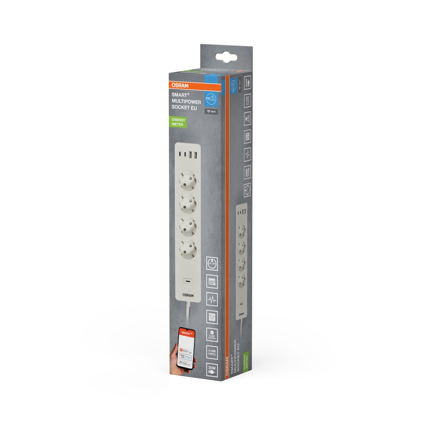 Osram - SMART+ forlængerledning med 4 stikkontakter (type F) + 2x USB-A + 2x USB-C, Wi-Fi