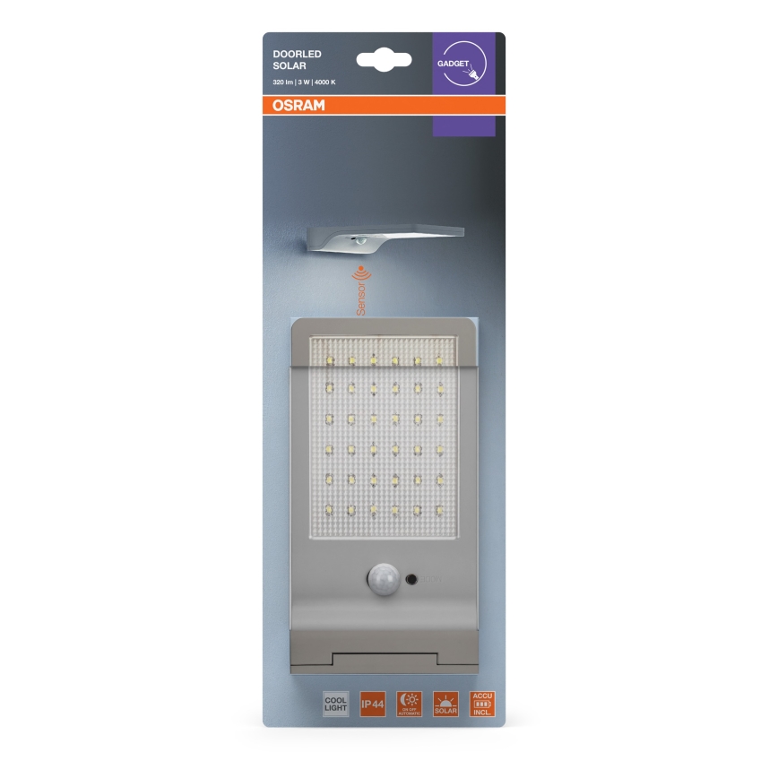 Osram - solcelledrevet væglampe med sensor DOORLED LED/3W/3,3V 2000 mAh IP44 sølv