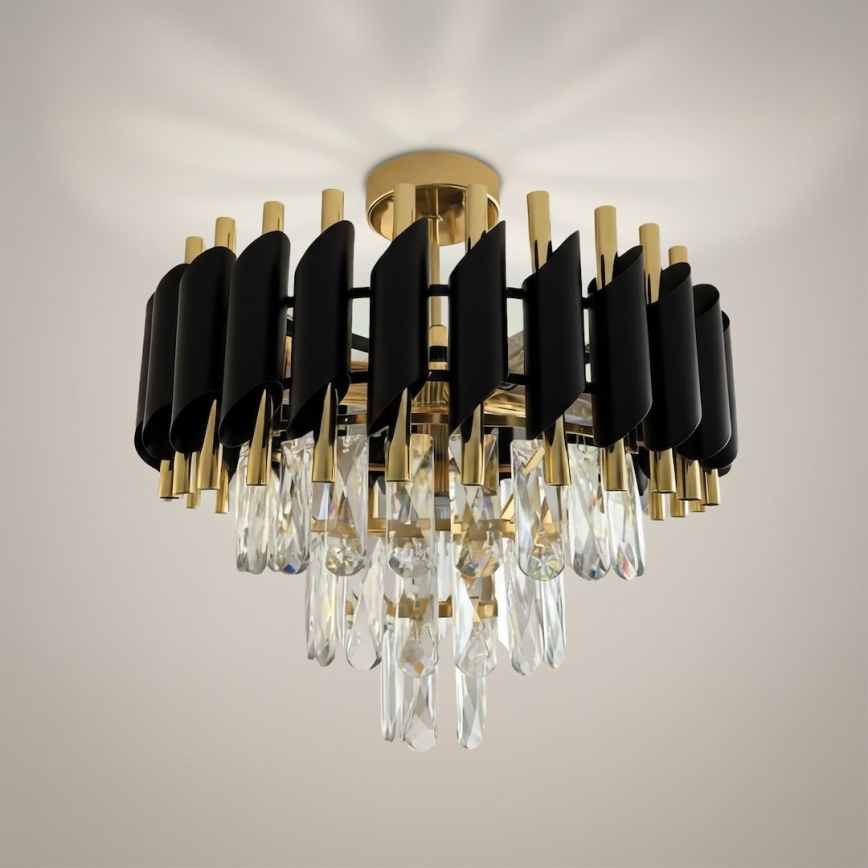 Overflademonteret lysekrone CRISTAL, 5 x E14, 10 W pr. pære, 230 V, Ø 38 cm, sort/guld