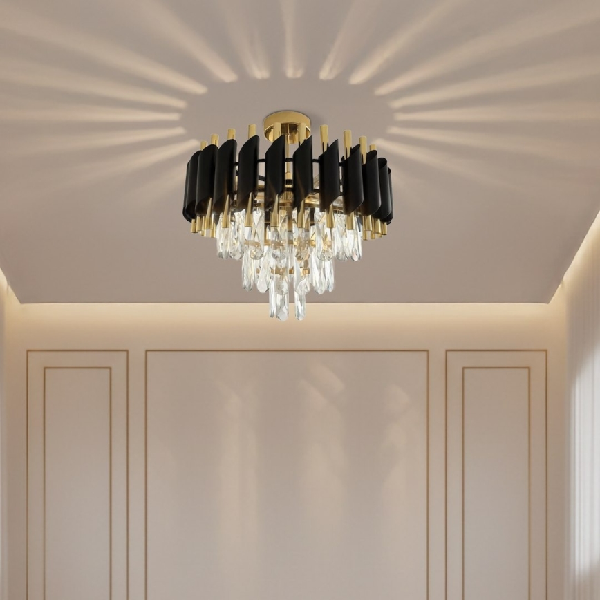 Overflademonteret lysekrone CRISTAL, 5 x E14, 10 W pr. pære, 230 V, Ø 38 cm, sort/guld