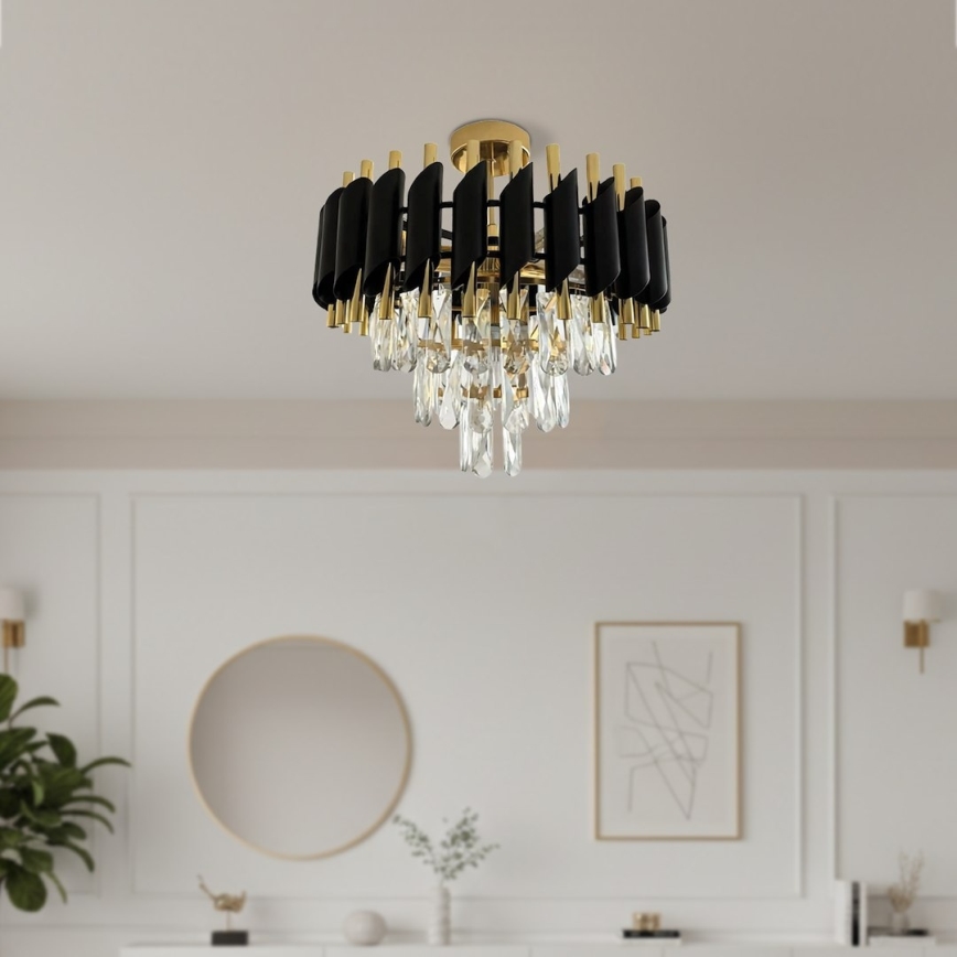 Overflademonteret lysekrone CRISTAL, 5 x E14, 10 W pr. pære, 230 V, Ø 38 cm, sort/guld