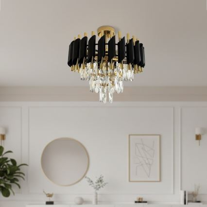 Overflademonteret lysekrone CRISTAL 5xE14/10W/230V sort/guld