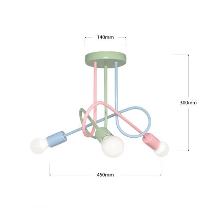 Overflademonteret lysekrone OXFORD 3xE27/15W/230V grøn/lyserød/blå