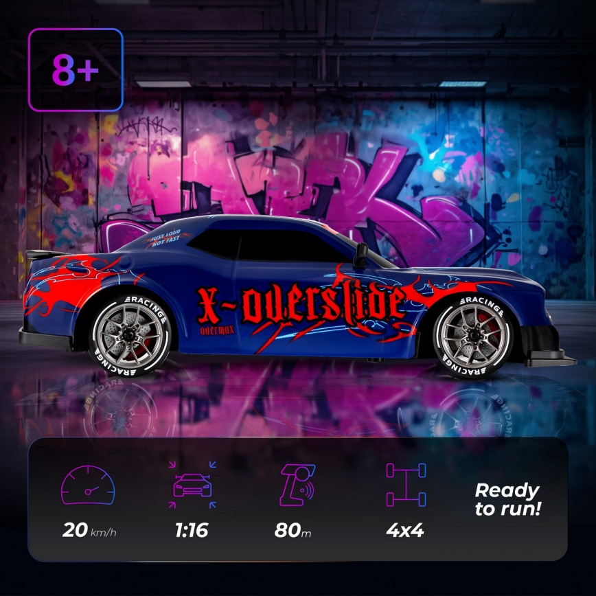 Overmax - RC-driftbil med fjernbetjening X-OVERSLIDE 1000 mAh sort/grøn/blå/rød