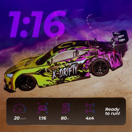 Overmax - RC-driftbil med fjernbetjening X-DRIFT 1000 mAh gul/lilla