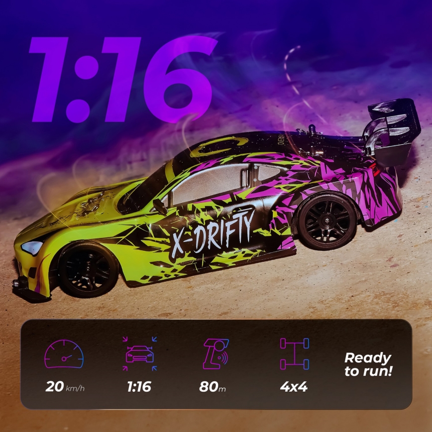 Overmax - RC-driftbil med fjernbetjening X-DRIFT 1000 mAh gul/lilla