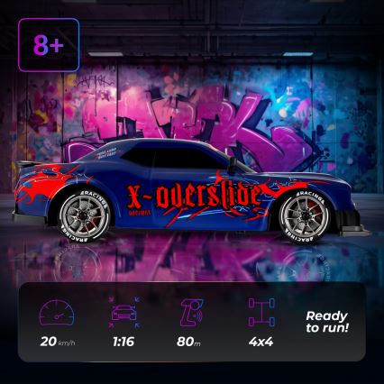 Overmax - fjernstyret RC-driftbil 2-i-1 X-OVERSLIDE 1000 mAh sort/grøn/blå/rød