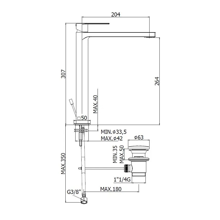 Paffoni - Håndvaskarmatur + bundventil TANGO i rustfrit stål