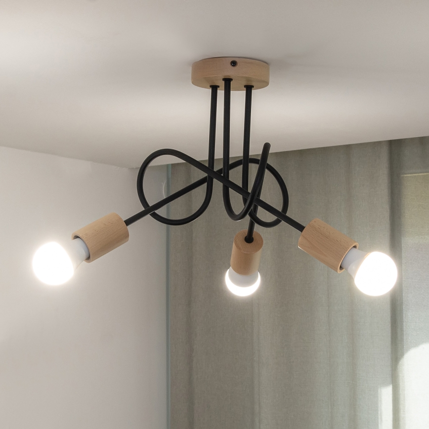 Påmonteret loftlampe OXFORD 3xE27/15W/230V i fyrretræ/sort