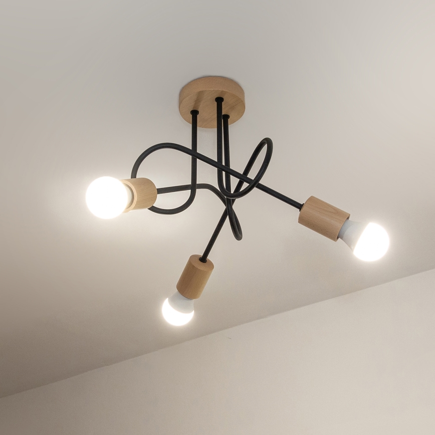 Påmonteret loftlampe OXFORD 3xE27/15W/230V i fyrretræ/sort