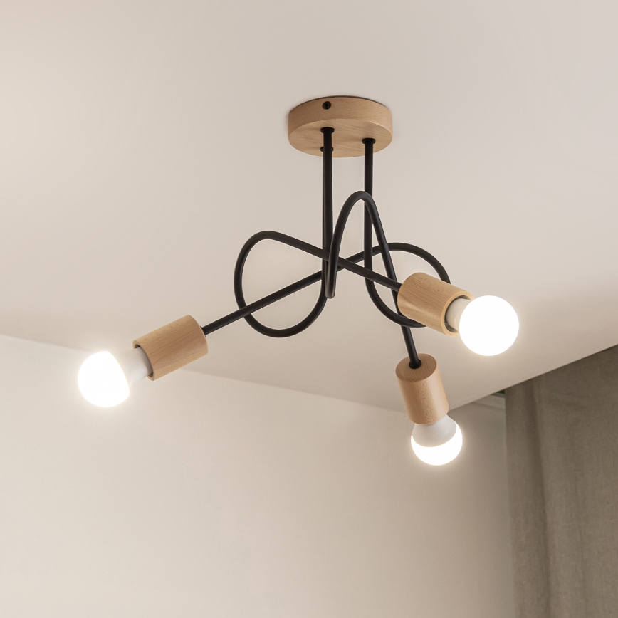 Påmonteret loftlampe OXFORD 3xE27/15W/230V i fyrretræ/sort