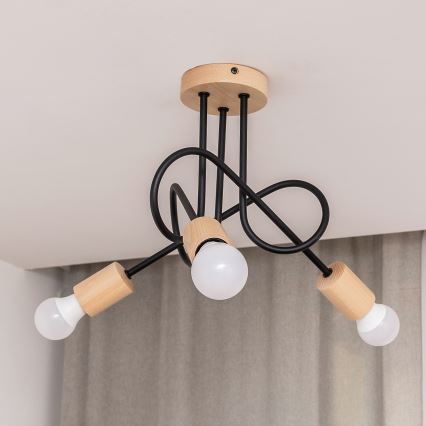 Påmonteret loftlampe OXFORD 3xE27/15W/230V i fyrretræ/sort