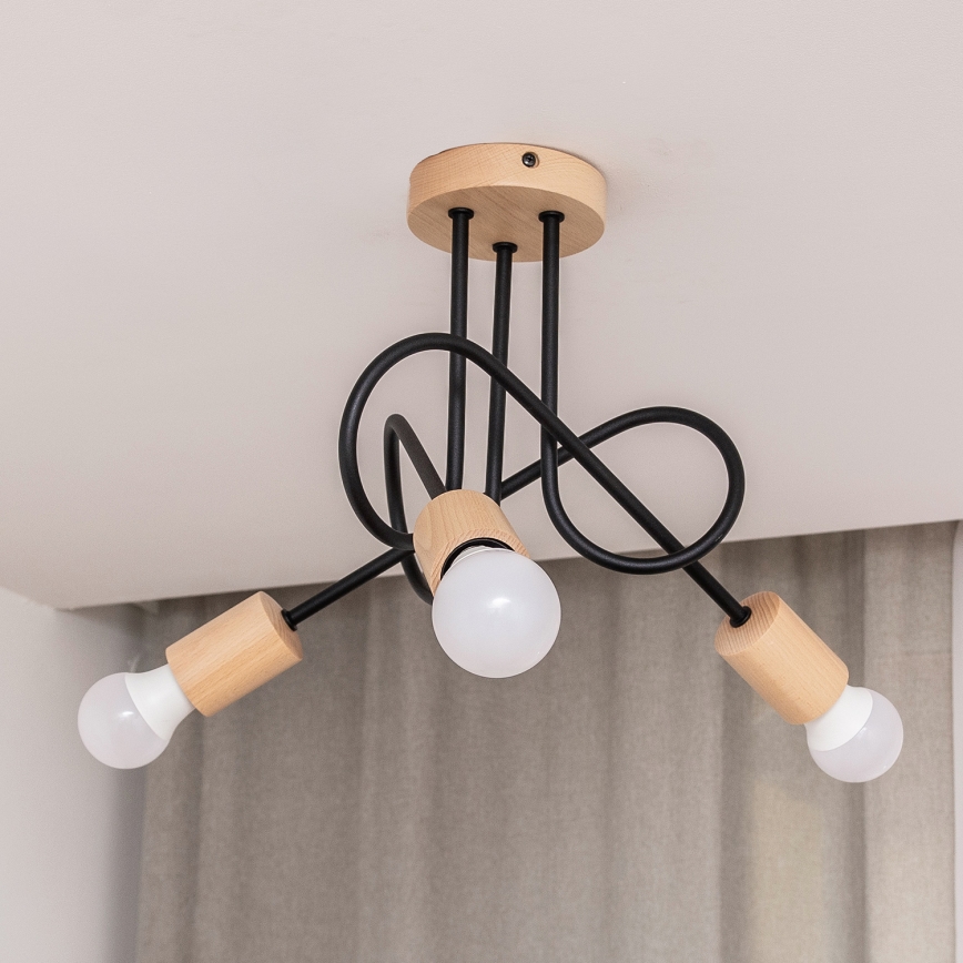 Påmonteret loftlampe OXFORD 3xE27/15W/230V i fyrretræ/sort