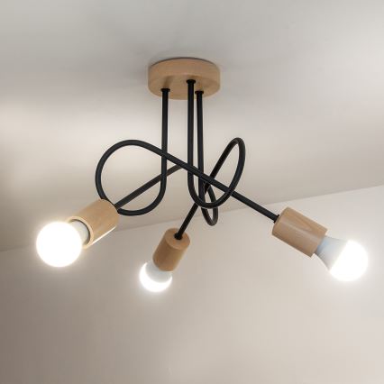 Påmonteret loftlampe OXFORD 3xE27/15W/230V i fyrretræ/sort