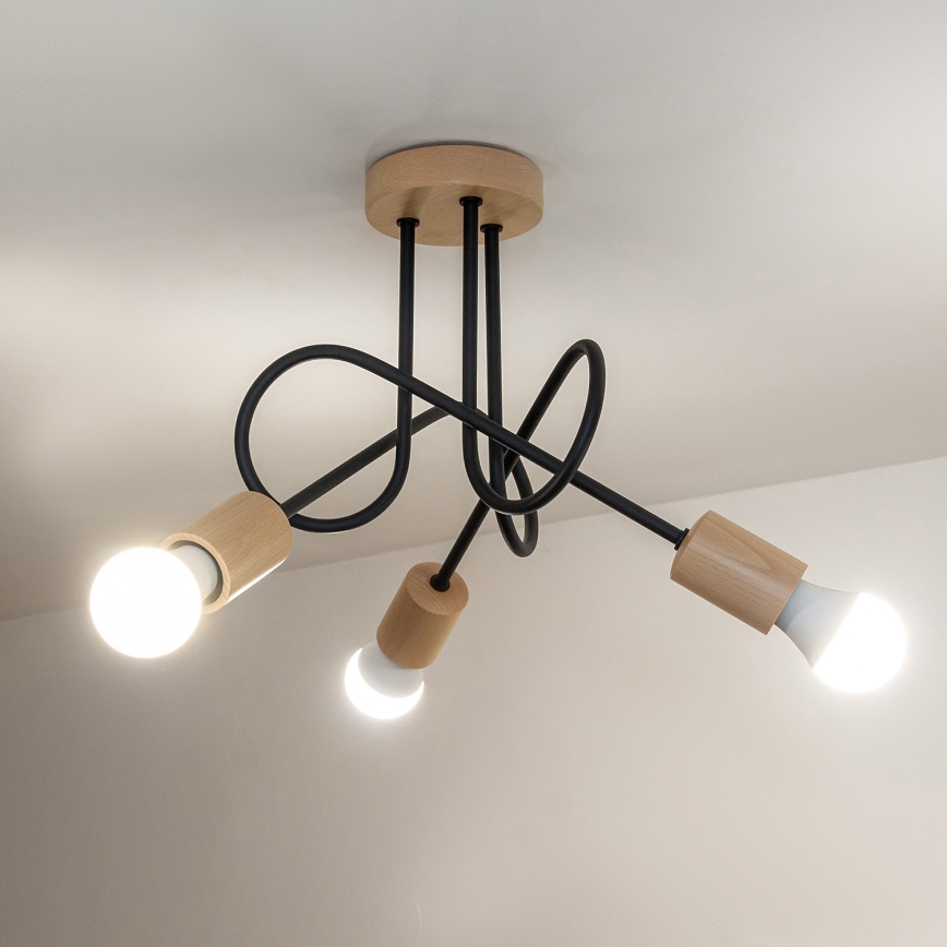 Påmonteret loftlampe OXFORD 3xE27/15W/230V i fyrretræ/sort