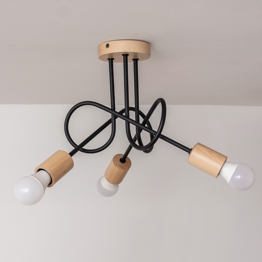 Påmonteret loftlampe OXFORD 3xE27/15W/230V i fyrretræ/sort