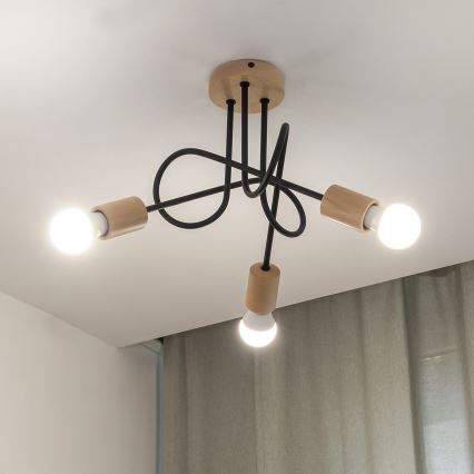 Påmonteret loftlampe OXFORD 3xE27/15W/230V i fyrretræ/sort