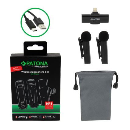 PATONA - 2x Trådløs mikrofon med klemme til iPhones USB-C 5V 50 mAh